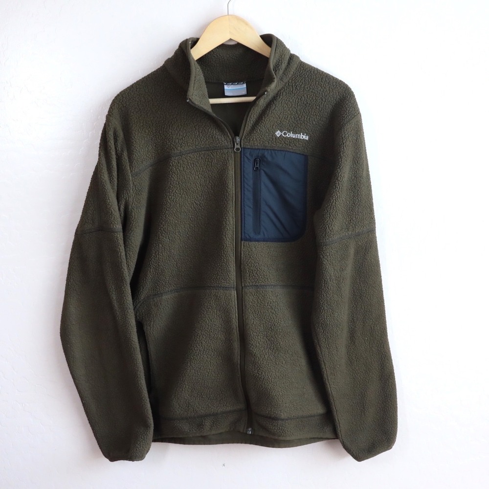 Columbia Sherpa Fleece Jacket Mens Medium Olive Green Full Zip AM0478 Outdoor